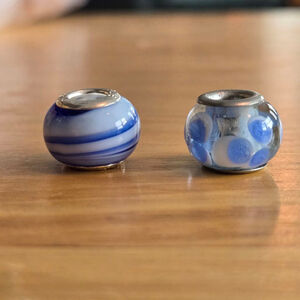 Murano Glass Charm Bracelet Bead Spacer Silvertone Women's White Blue Striped